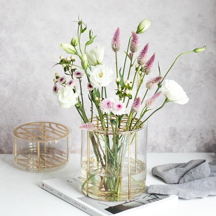 Luxury Flower Glass Vase With Metal Gold Grid For Home Decor 