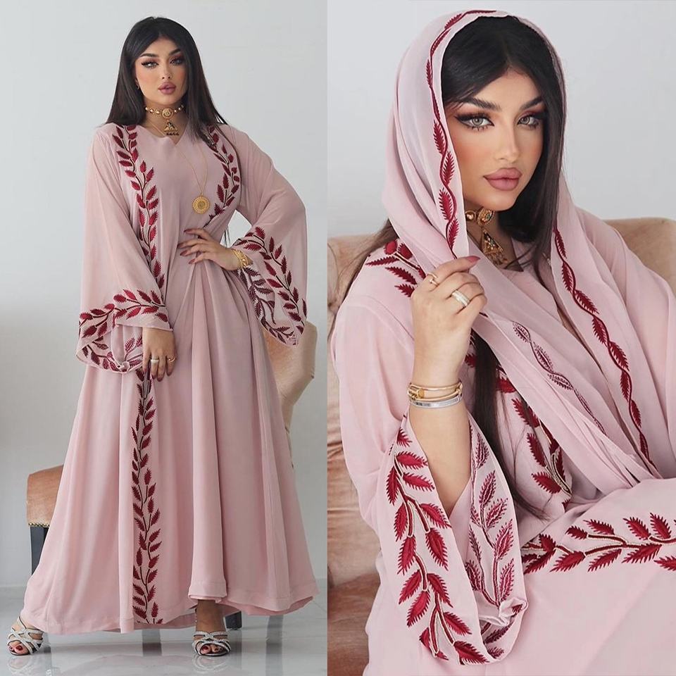 Latest Pink Islamic Long Sleeve Abaya Dubai Embroidered Long Prayer Dress Abaya Islamic Clothing Muslim With Hijab 