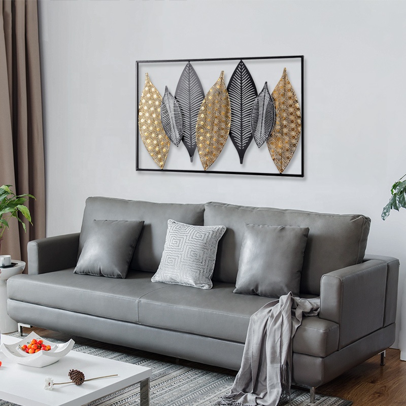 3d Modern Rectangle Home Decor Metallic Grid Leaf Design Metal Art Wall Decorations For Living Room 