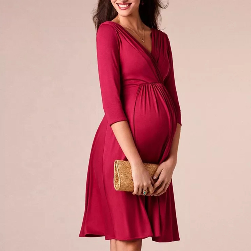 Women's Faux Wrap Maternity Dress With Adjustable Belt V Neck Breastfeeding Pregnancy Dresses Casual Nursing Dress 