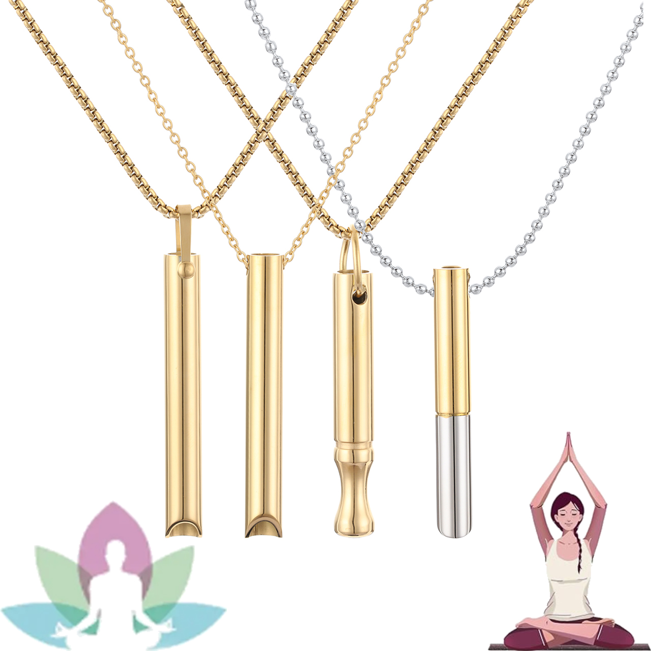 2024 Yoga Chokers Silver Gold Pendants Yoga Mind Craft Jewelry Anxiety Whistle Necklace Breathing Necklace Exercise Tool Gift 