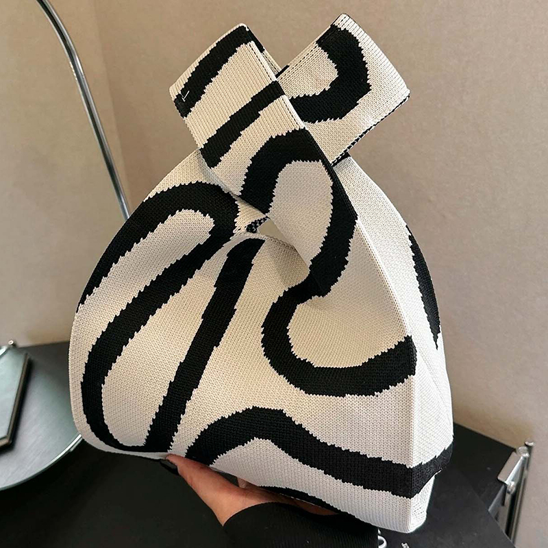 2024 Knitting Fabric Foldable Tote Bag Striped Printing Shopping Bag Portable Handbag For Women 