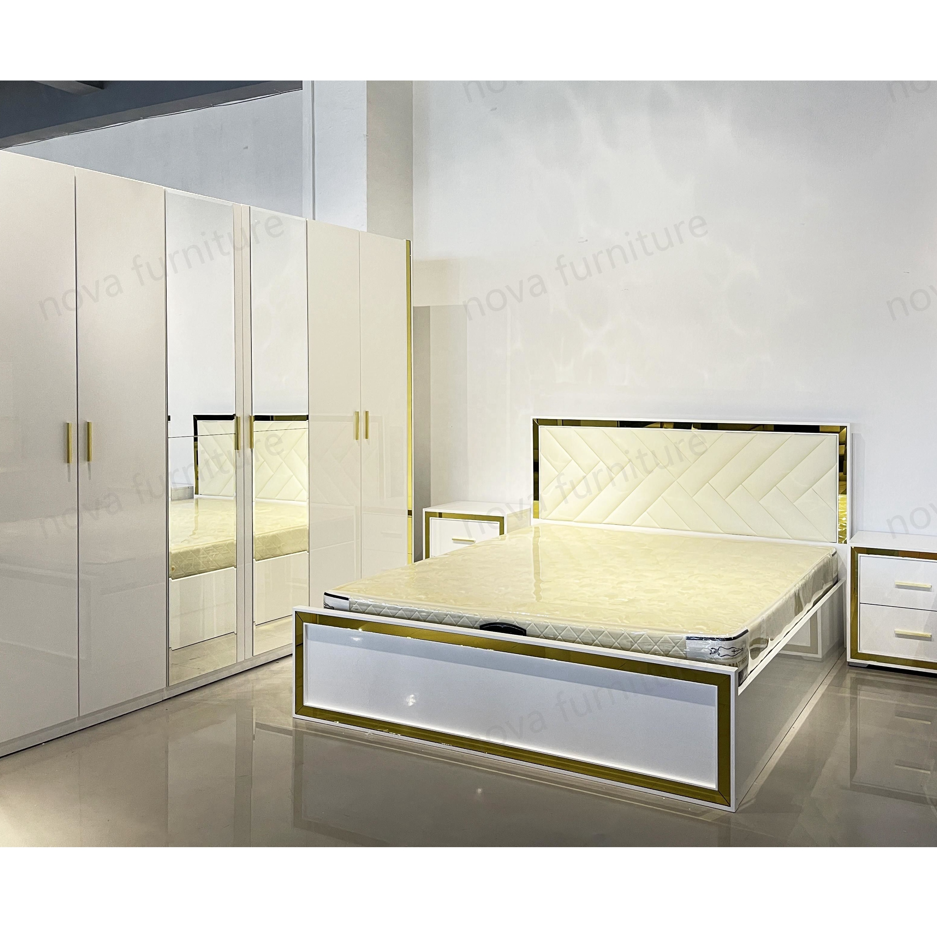 Nova Hot Sale Gold Mirror King Bed Luxury Hotel Bedroom Sets Furniture Modern Adult Queen Size Bed 