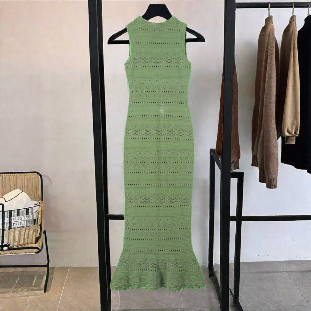 Factory Price Odm Sexy Sleeveless Crew Neck Pointelle Long Dress Elastic Waist Crew Neck Floor-length Women Sweater Dress 