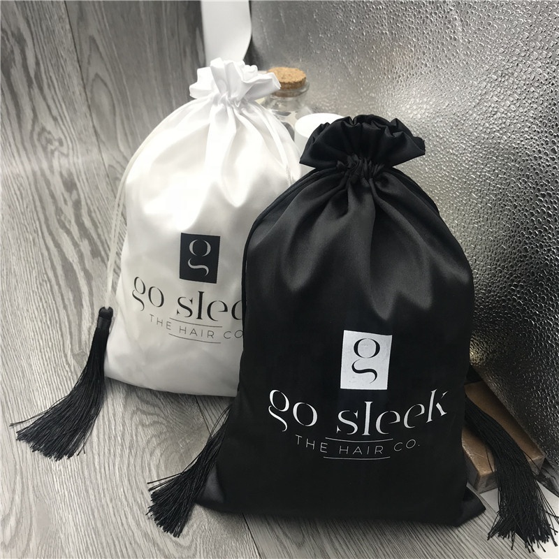 Custom Logo Large Satin Packaging Bag For Hair Extension Wigs Silk Satin Tassel Drawstring Bag 