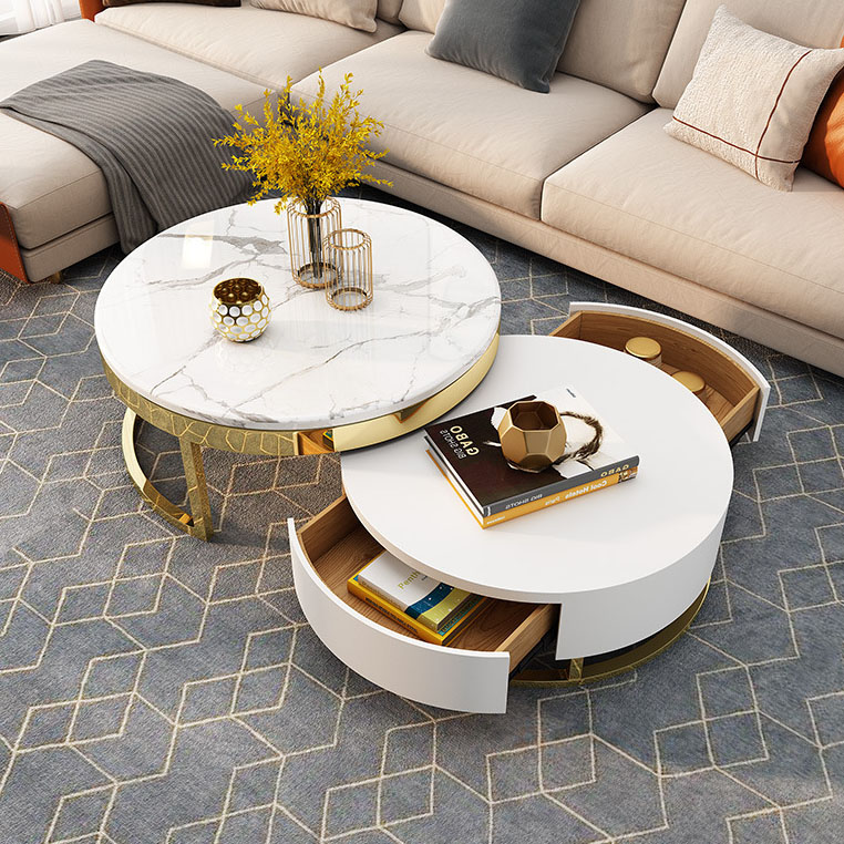 Luxury Nesting Gold Steel Metal Legs Frame End Table Coffee White Marble Top Coffee Tables 