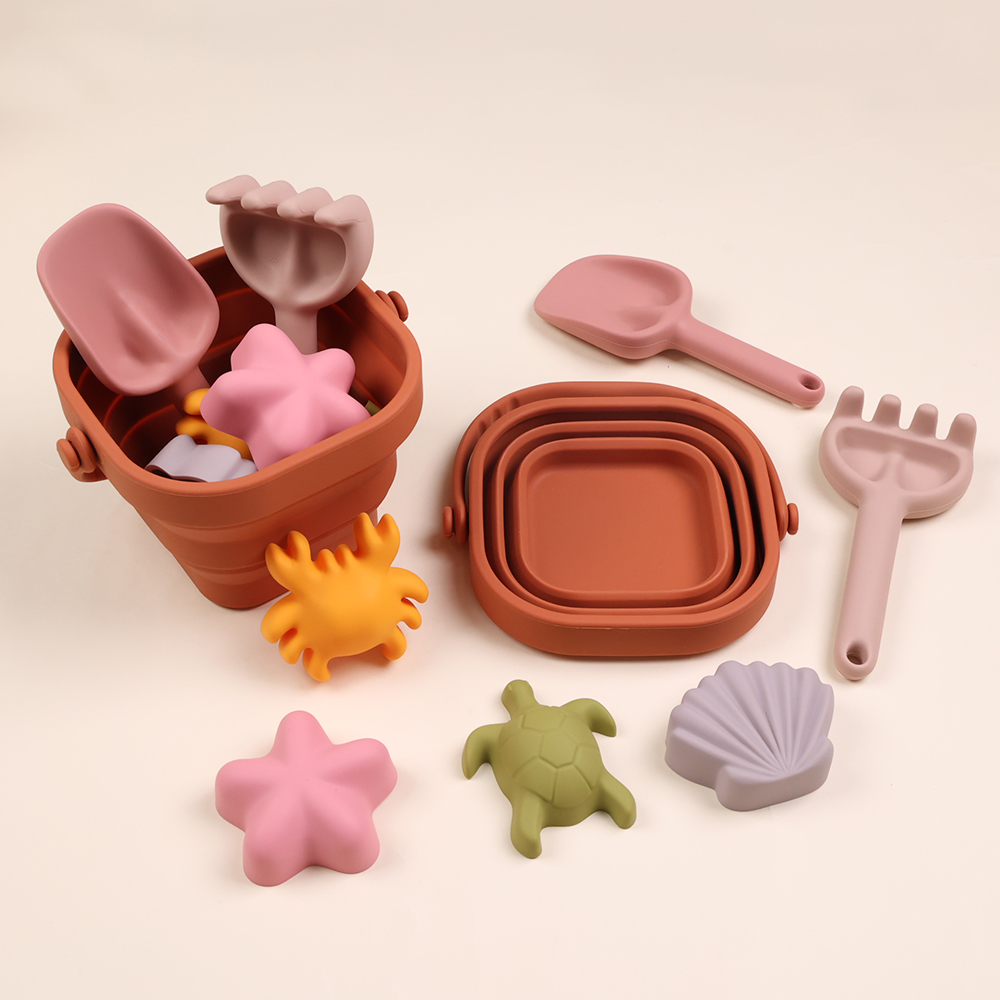 Seaside Toddlers Eco-friendly Custom Log Silicone Beach Toys Set Foldable Sand Bucket Baby Beach Toys For Children 