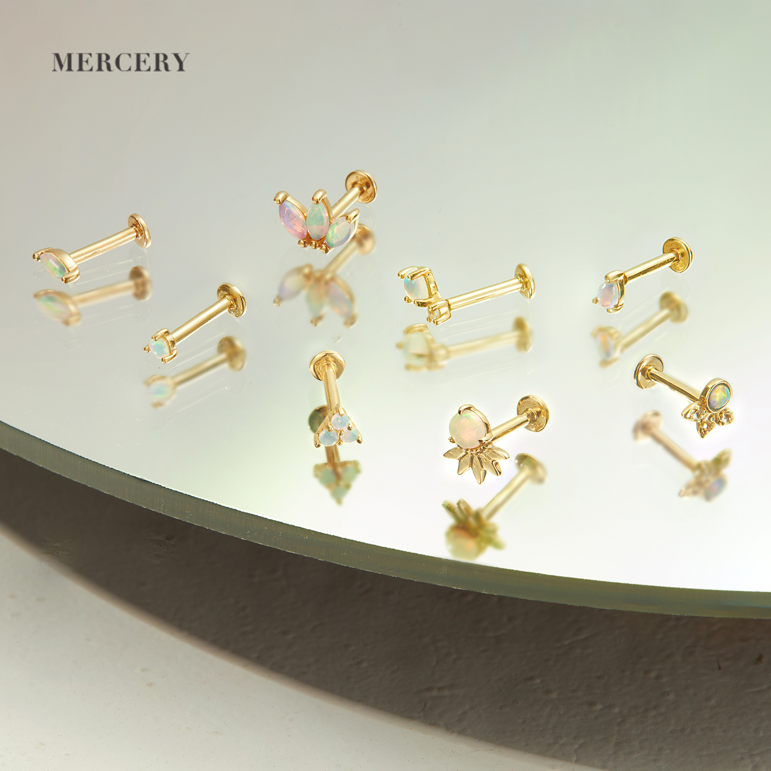 Mercery Body Piercing Jewelry Real Gold Flatback Oro 14 K 18k 9k Luxury Opal Internally Threaded 14k Solid Gold Piercing Earring 