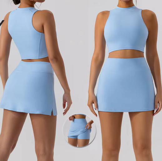 Solid Gym Wear Women Yoga Suit Breathable Workout Sports Tank Top Gym Fitness Sets 2 In 1 Tennis Skirt Set Wear 