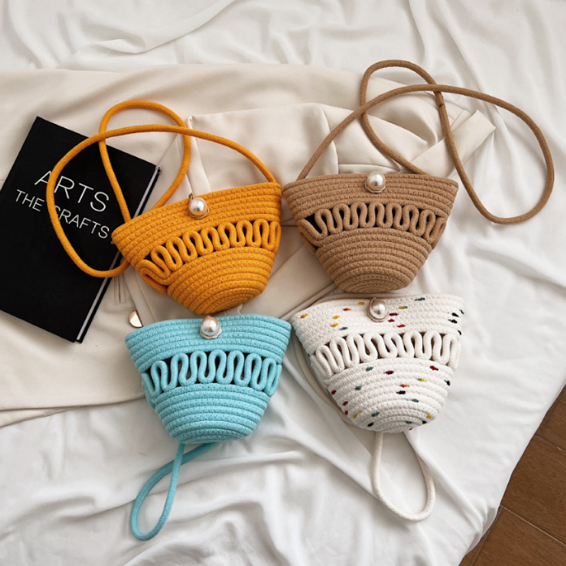 New Design Hollow Women's Shoulder Bags Messenger Bag Summer Woven Straw Cotton Beach Bag 
