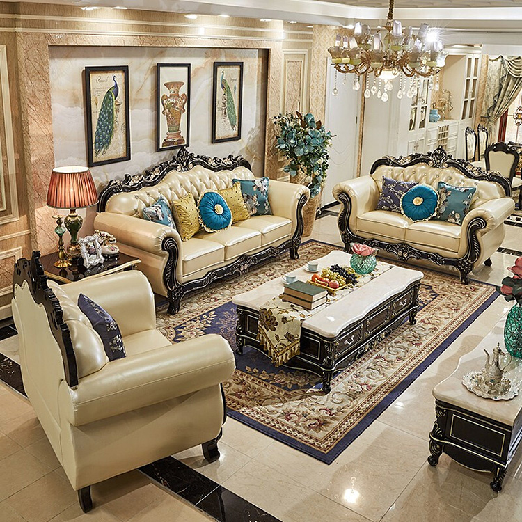 Modern Luxury Solid Wood Frame European Style Royal One Two Three Four Seat Living Room Wedding Leather Sofa 