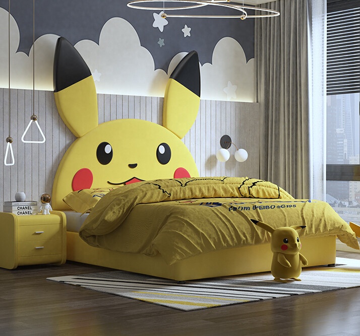 Nova Leather Solid Wood Bed Frame Kids Bedroom Furniture Camas Engracadas Crianca Boys Cartoon Pikachu Upholstered Storage Bed 