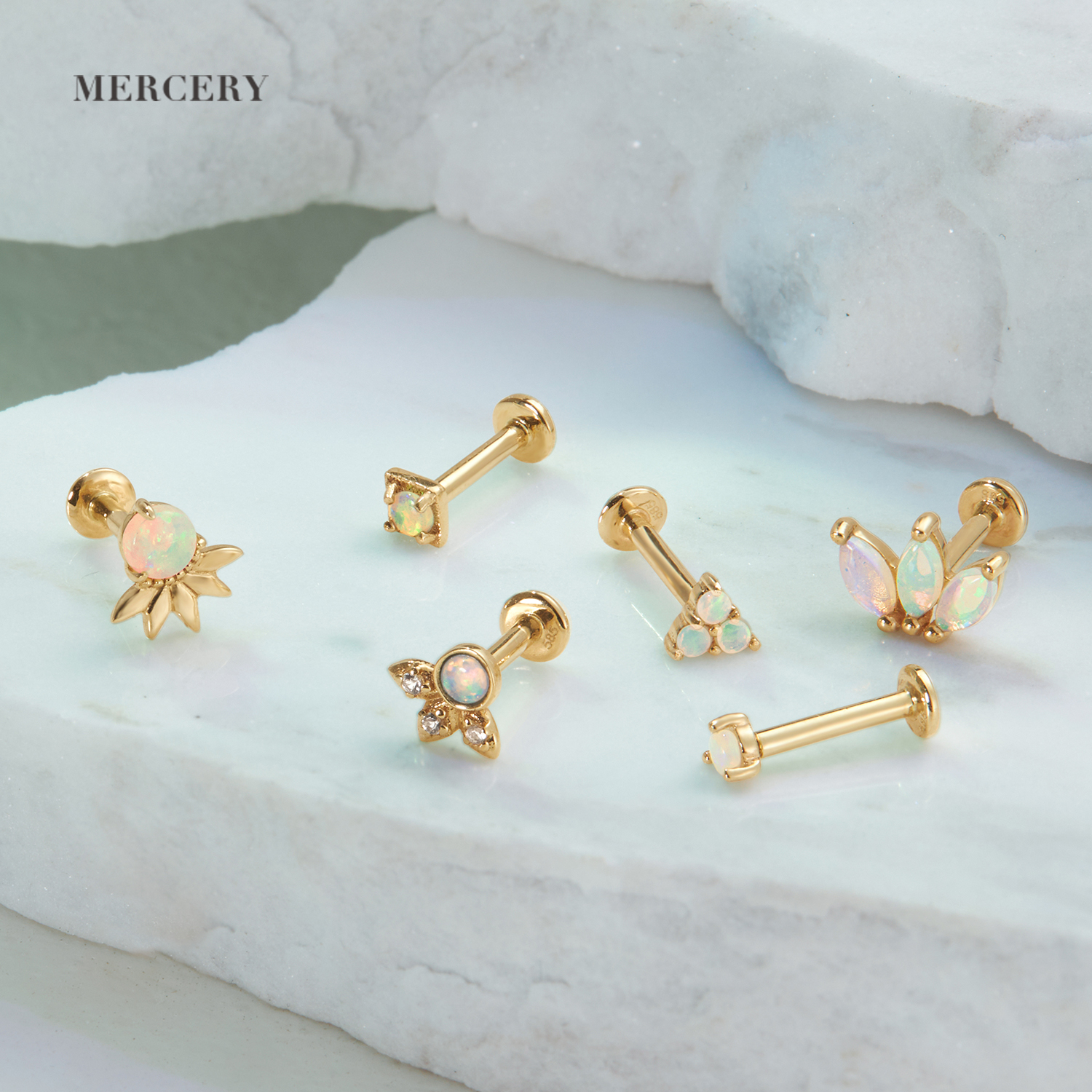 Mercery Piercing Body Jewelry Gemstone Marquise Tragus Daith Ear Stud Opal Helix 14k Solid Gold Flatback Piercing Earring 