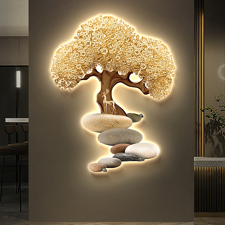 Luxury Golden Tree Home Living Room Decors Designer's Style Large 3d Metal New Product Design Wall Lamp Led Decorations For 