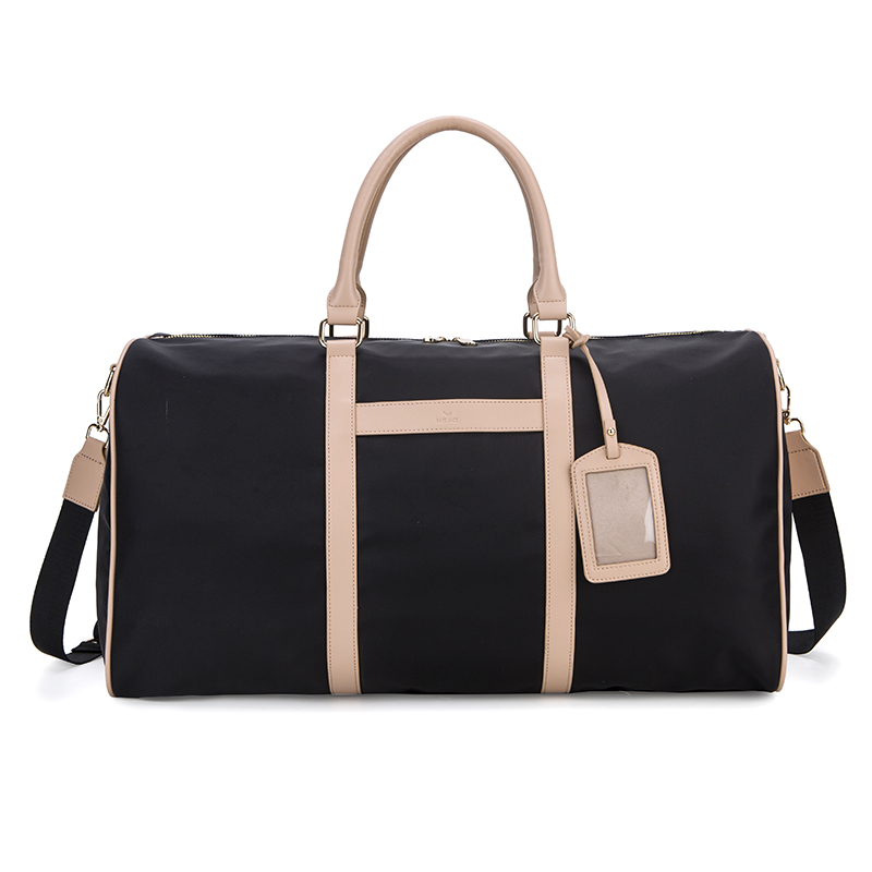 Recycled Black Nylon Pink Pu Leather Large Travel Bag Unisex Custom Weekend Bag 