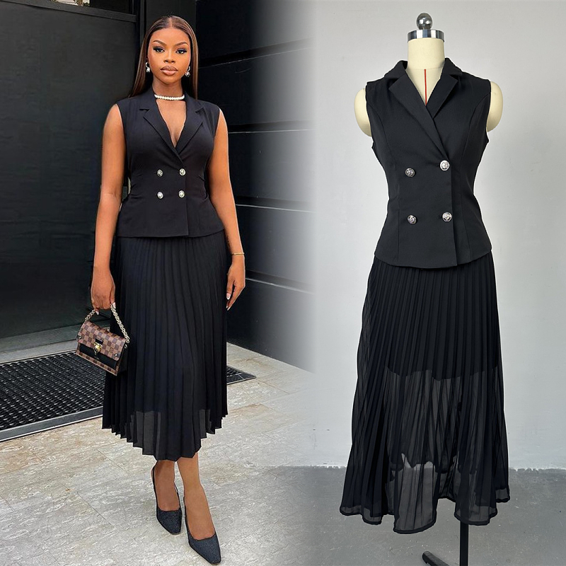 Summer Women Clothing Ladies Casual Set Temperament Suit Collar Double Breasted Vest Top Pleated Skirts Two Piece Women's Sets 