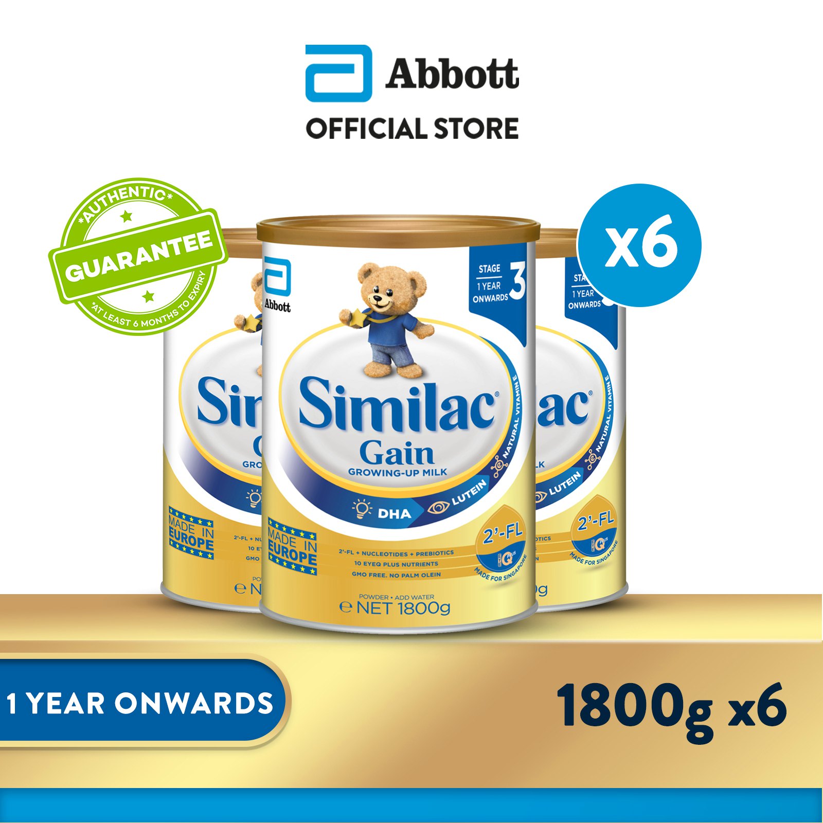 [Bundle of 6] Similac® Stage 3 Gain Growing-Up Baby Milk Powder Formula 2'-FL 1.8kg (1 year onwards)